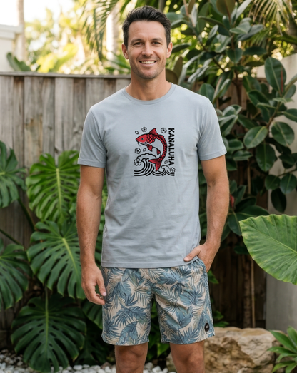Camiseta de bambú Sakana Kanaluha con diseño koi japonés, color gris claro